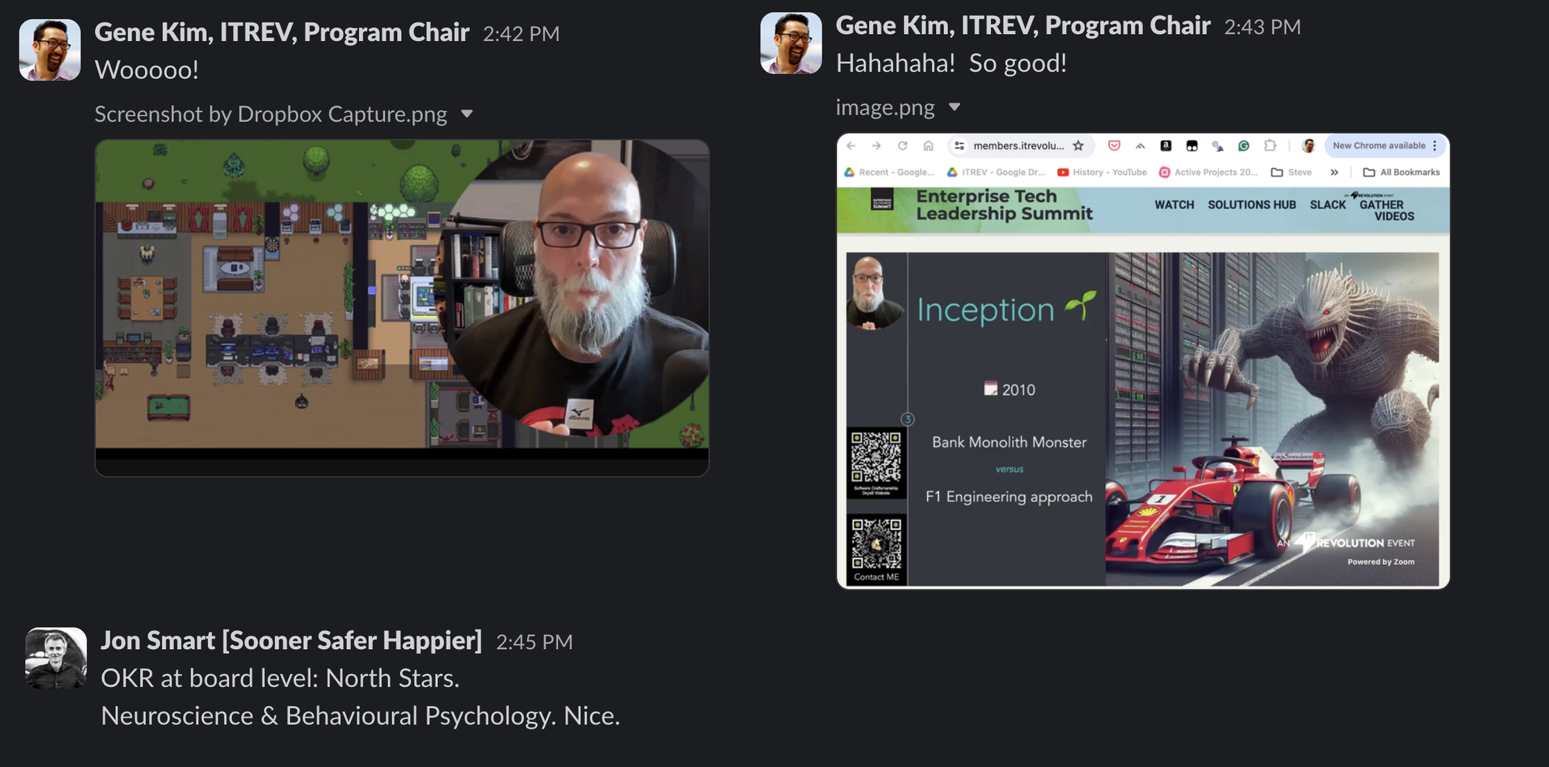 A snapshot from the IT Revolution conference slack discussion.