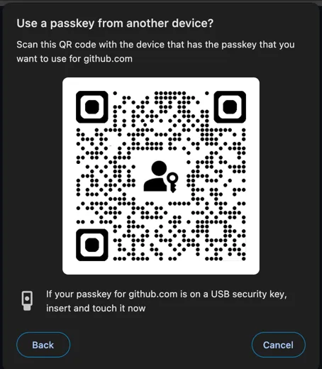 QR code from github.com which allows the user to scan with their phone and use the passkey from their phone to log in